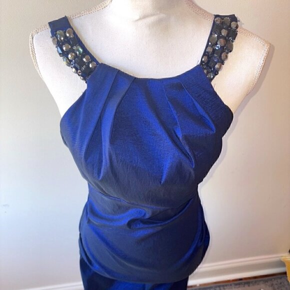 NWT NEW XSCAPE by Joanna Chen Blue Beaded Ruched Cocktail Halter Dress - size 12 - Picture 1 of 6